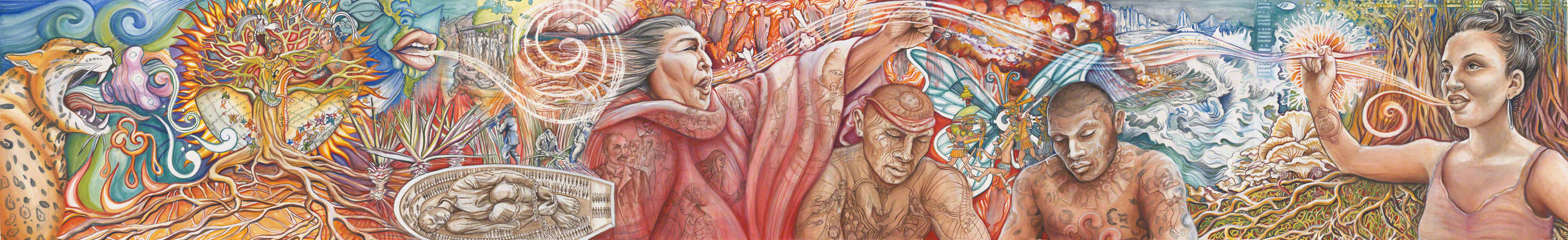 CODEX ESTANFOR, watercolor and digital print, detail of Stanford’s El Centro Chicano murals, 18.5” x 125”, Juana Alicia ©2012.